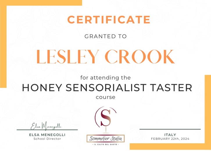 Honey Sensorialist Taster_Course-Certificate_Lesley Crook